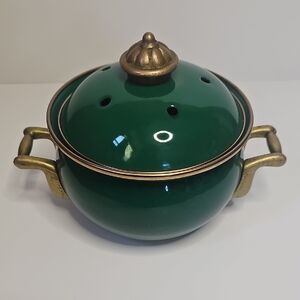 Green Enamel Ware Garlic Canister / Potpourri Burner With Brass Handle